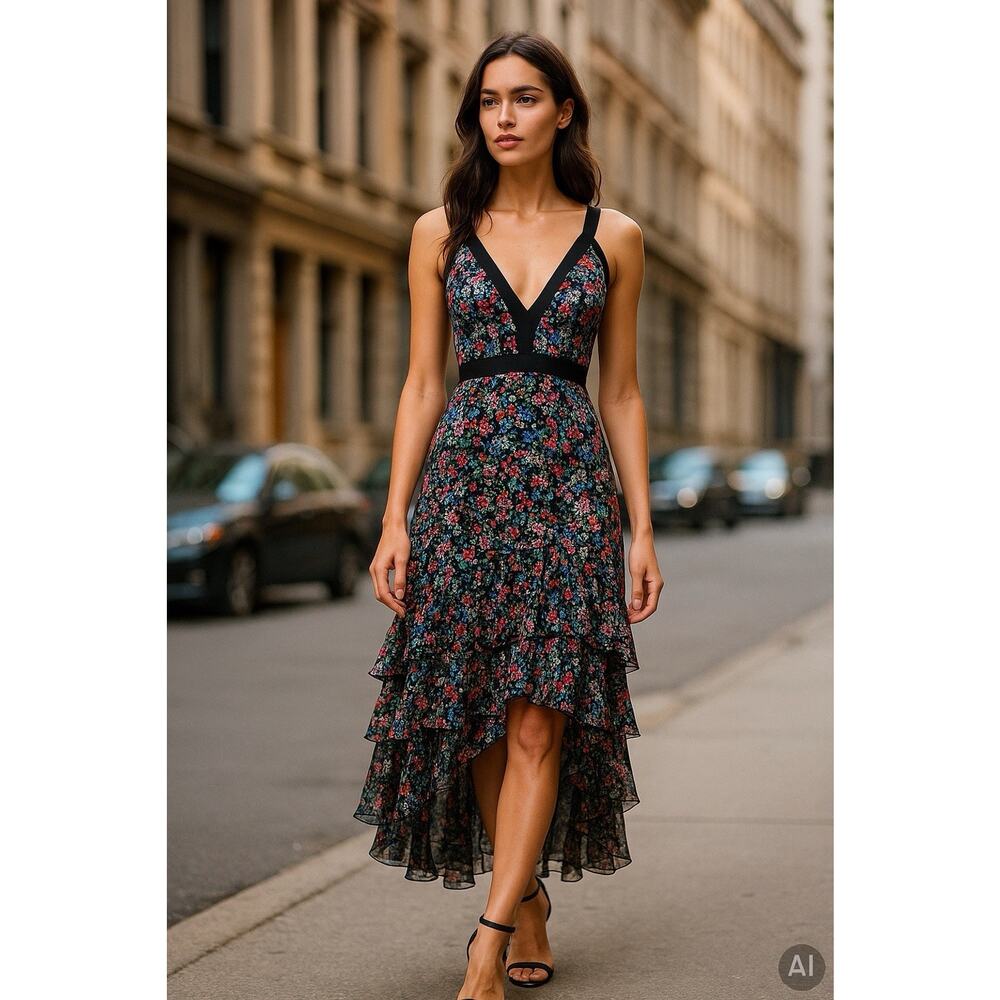 Saloni 100% Silk Floral Ruffle Tiered Midi Dress Women's Cocktail Party Sz 0